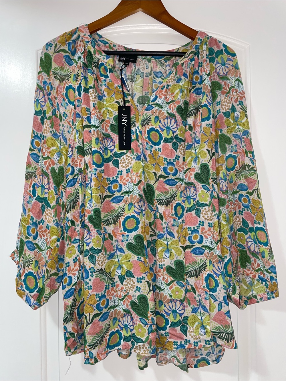 Jones New York Floral V-Neck Tunic in Green, Blue & Pink